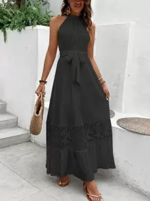 Breezaya Contrast Lace Ruffle Hem Belted Halter Dress - Black - View 1