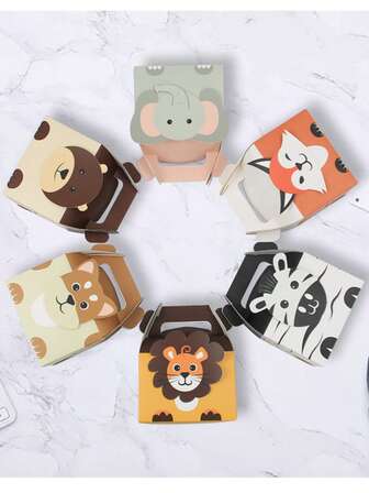 6入組紙禮品卡通動物圖案包装盒適合派對