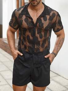 Manfinity RSRT Hombres con patrón de piña Camisa & Shorts - Negro - Ver 7