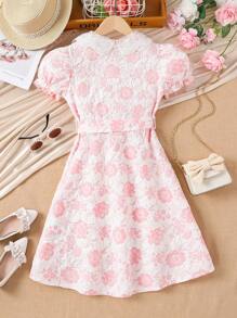 女孩花卉圖案提花泡泡袖腰帶襯衫洋裝