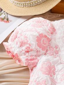 女孩花卉圖案提花泡泡袖腰帶襯衫洋裝