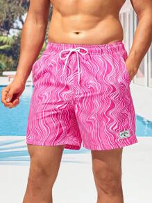Manfinity VDAYZ Men Wave Striped Patched Detail Drawstring Waist Swim Trunks - Pink - View 6