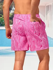 Manfinity VDAYZ Men Wave Striped Patched Detail Drawstring Waist Swim Trunks - Pink - View 2