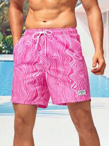 Manfinity VDAYZ Men Wave Striped Patched Detail Drawstring Waist Swim Trunks - Pink - View 3