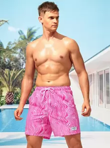 Manfinity VDAYZ Men Wave Striped Patched Detail Drawstring Waist Swim Trunks - Pink - View 4