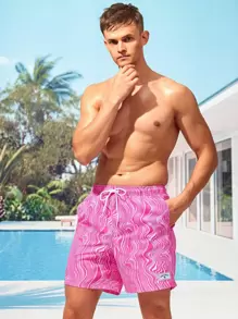 Manfinity VDAYZ Men Wave Striped Patched Detail Drawstring Waist Swim Trunks - Pink - View 5
