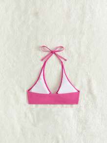 Heart Shaped Ring Linked Halter Bikini Top, For Summer Beach Vacation - Hot Pink - View 3