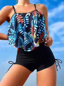 Tankini de verano de playa con estampado tropical y cordón lateral - Negro - Ver 1
