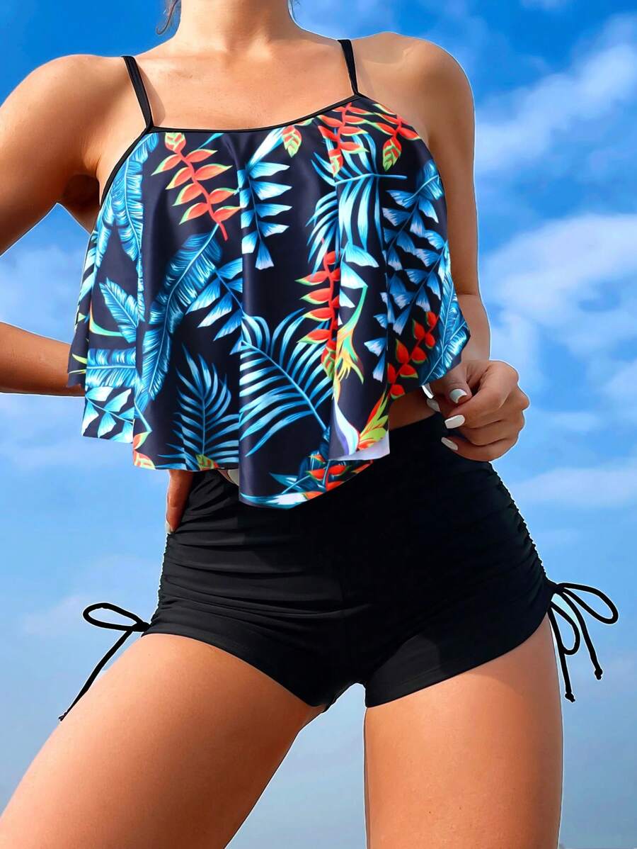 Tankini de verano de playa con estampado tropical y cordón lateral - Negro - Ver 1