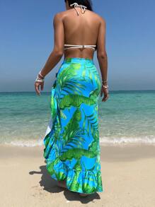 Tropical Print Ruffle Trim Tie Side Cover Up Skirt, For Summer Beach Vacation - Multicolor - View 3