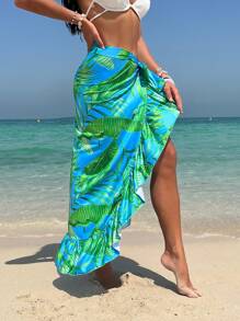 Tropical Print Ruffle Trim Tie Side Cover Up Skirt, For Summer Beach Vacation - Multicolor - View 5
