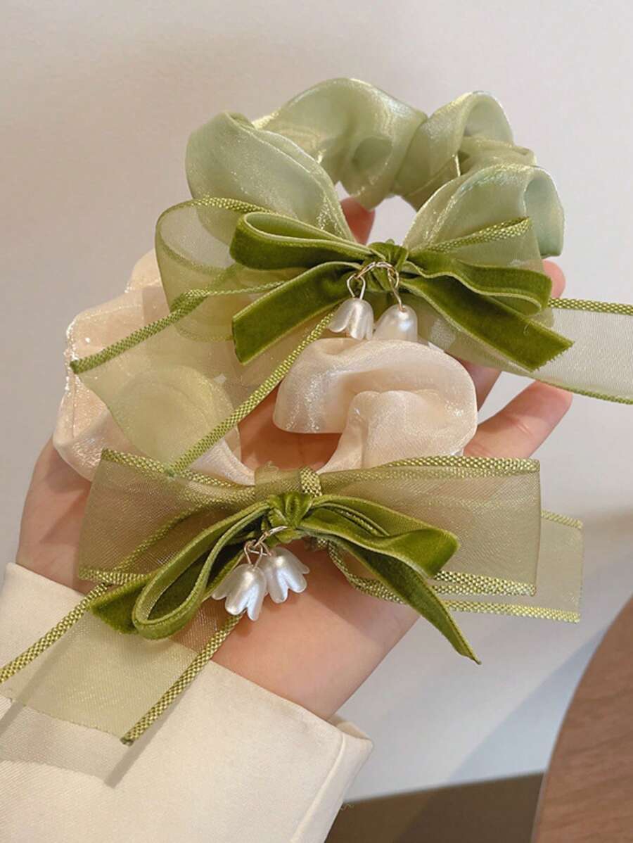 2个装女士蝴蝶结装饰花朵吊坠时尚发圈，可爱发绳，马尾辫发圈，发圈，橡皮筋发圈，发绳，弹性发圈，发饰，头饰 - 彩色 - 查看 1