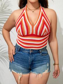 Dreamara Plus Striped Pattern Backless Halter Knit Top - Multicolor - View 4