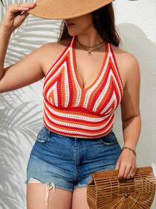 Dreamara Plus Striped Pattern Backless Halter Knit Top - Multicolor - View 5