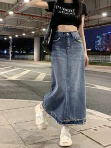 水洗毛邊牛仔半身裙