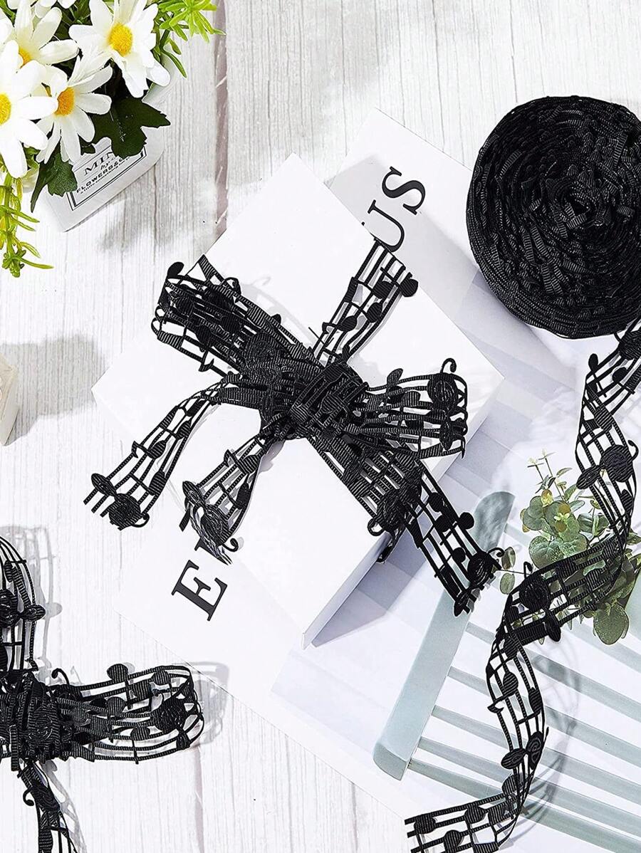 1入組黑色便條印花禮品包裝絲帶派對用聚酯閃光禮品裝飾絲帶 - 黑色 - 查看 1