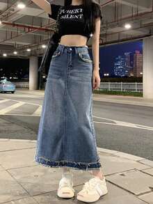 水洗毛邊牛仔半身裙