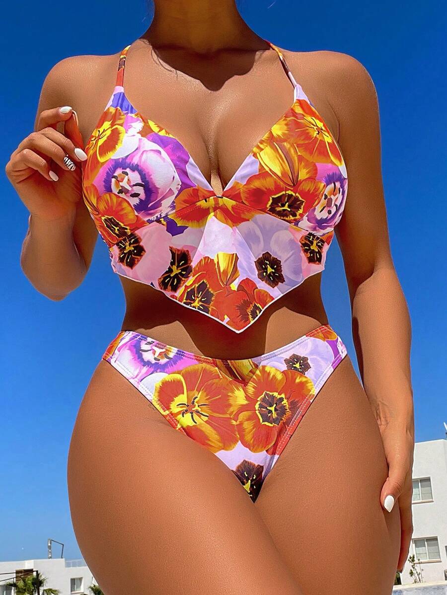 花卉印花交叉后背比基尼套装 夏日海滩 - 彩色 - 查看 1