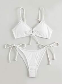 SHEIN Swim 夏季海灘綁帶式比基尼套裝 - 白色 - 查看 3