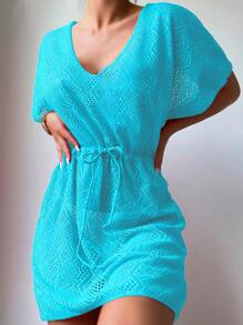 SHEIN Swim Vestido cover up de cintura con cordón de manga murciélago - Azul menta - Ver 1