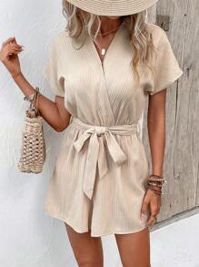Breezaya Solid Batwing Sleeve Wrap Detail Belted Romper - Beige - View 4
