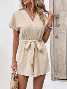 Breezaya Solid Batwing Sleeve Wrap Detail Belted Romper - Beige - View 6