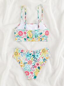 SHEIN Conjunto de bikini de verano para playa con estampado floral y busto fruncido - Multicolor - Ver 3