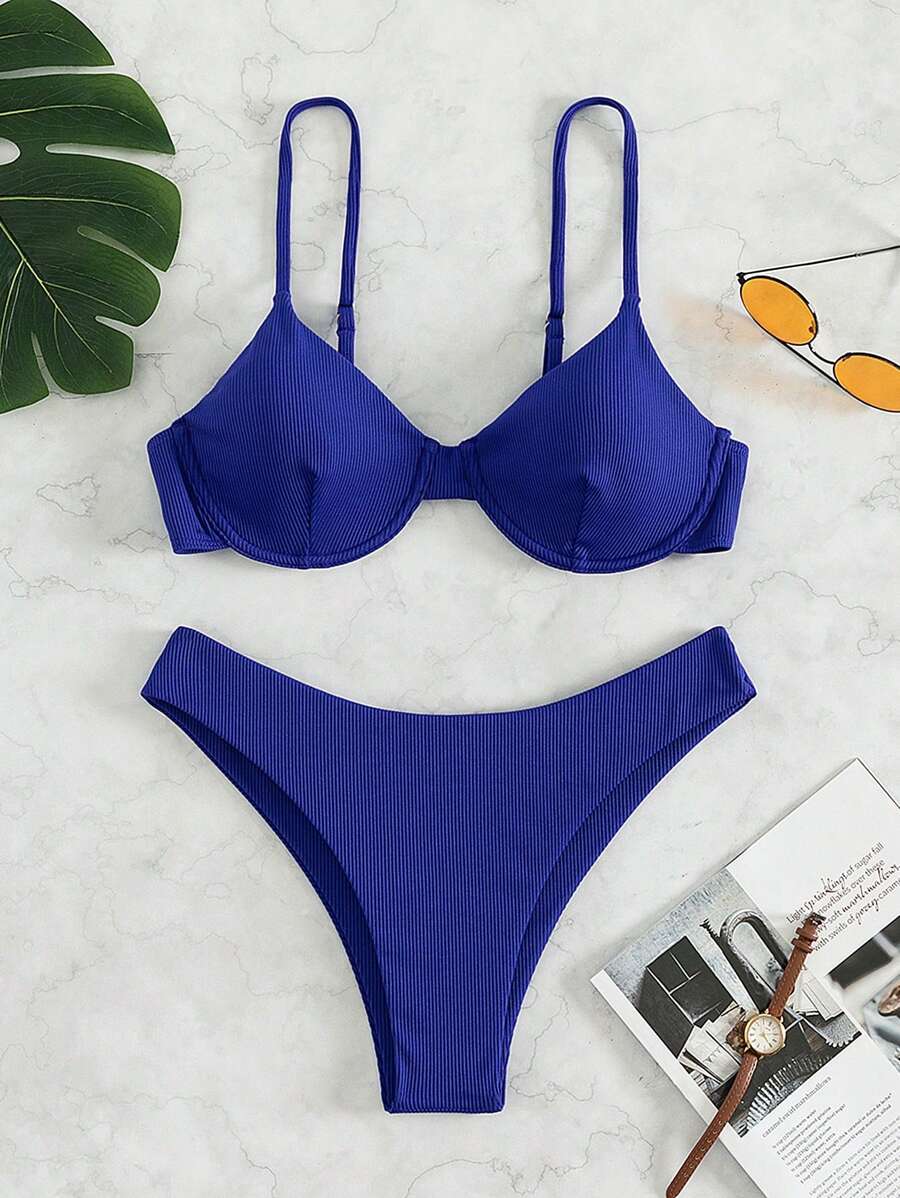 SHEIN Swim 夏季海滩罗纹比基尼套装钢圈文胸和高腰下装 2 件套比基尼 - 藍色 - 查看 1