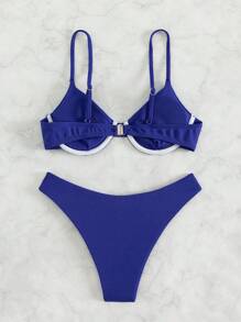 SHEIN Swim 夏季海滩罗纹比基尼套装钢圈文胸和高腰下装 2 件套比基尼 - 藍色 - 查看 2