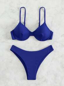 SHEIN Swim 夏季海滩罗纹比基尼套装钢圈文胸和高腰下装 2 件套比基尼 - 藍色 - 查看 3