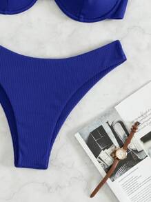 SHEIN Swim 夏季海滩罗纹比基尼套装钢圈文胸和高腰下装 2 件套比基尼 - 藍色 - 查看 5