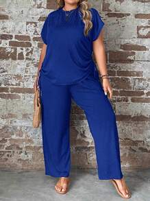 SHEIN LUNE Plus Drawstring Side Batwing Sleeve Tee & Trousers - Royal Blue - View 1