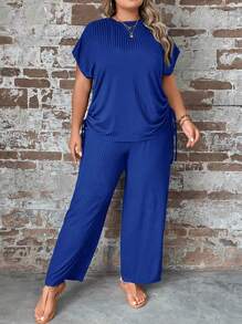 SHEIN LUNE Plus Drawstring Side Batwing Sleeve Tee & Trousers - Royal Blue - View 5