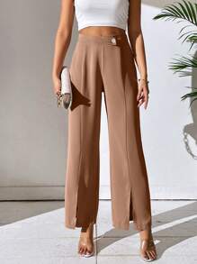 SHEIN Essnce 高腰下擺開叉闊腿褲 - 棕色 - 查看 1