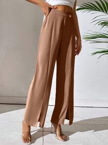 SHEIN Essnce 高腰下擺開叉闊腿褲 - 棕色 - 查看 3