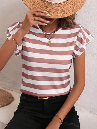 SHEIN LUNE 条纹印花蝴蝶袖 T 恤图案 T 恤女式上衣