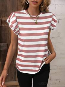 SHEIN LUNE Koszulka z nadrukiem w paski i motylkowym rękawem, koszulki graficzne, damskie topy