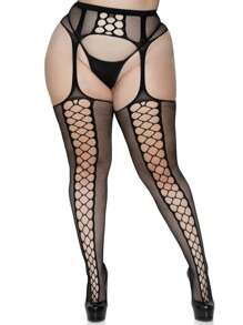 1對加大碼高彈性防滑大腿襪配網紋花紋設計（內衣不包含） - 黑色 - 查看 1