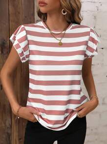 SHEIN LUNE Koszulka z nadrukiem w paski i motylkowym rękawem, koszulki graficzne, damskie topy