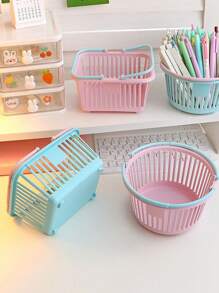 1pc Blue Hollow Mini Rectangle Storage Basket, Plastic Handheld Desktop Storage Basket For Household - Blue - View 1