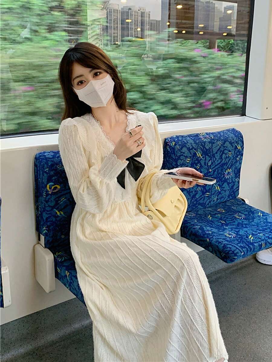 Vestido de punto ribete con encaje fruncido - Albaricoque - Ver 1