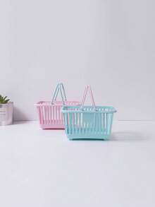 1pc Blue Hollow Mini Rectangle Storage Basket, Plastic Handheld Desktop Storage Basket For Household - Blue - View 4