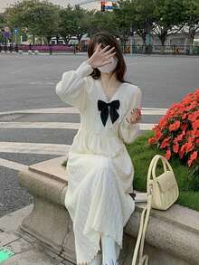 Vestido de punto ribete con encaje fruncido - Albaricoque - Ver 4