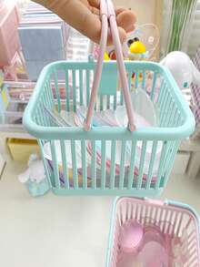 1pc Blue Hollow Mini Rectangle Storage Basket, Plastic Handheld Desktop Storage Basket For Household - Blue - View 5