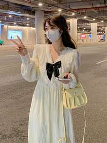 Vestido de punto ribete con encaje fruncido - Albaricoque - Ver 5