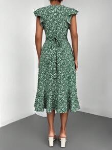 EURMUSE Ditsy Floral Print Butterfly Sleeve Wrap Hem Dress - màu xanh lá - Xem 2