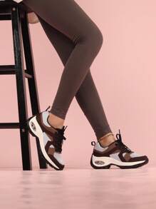 Women Color Block Lace-up Front Sneakers, Round Toe Low-top Running Shoes - Multicolor - View 1