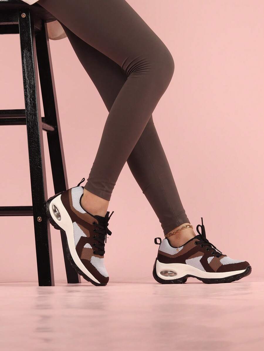 Women Color Block Lace-up Front Sneakers, Round Toe Low-top Running Shoes - Multicolor - View 1