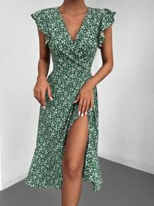 EURMUSE Ditsy Floral Print Butterfly Sleeve Wrap Hem Dress - màu xanh lá - Xem 5
