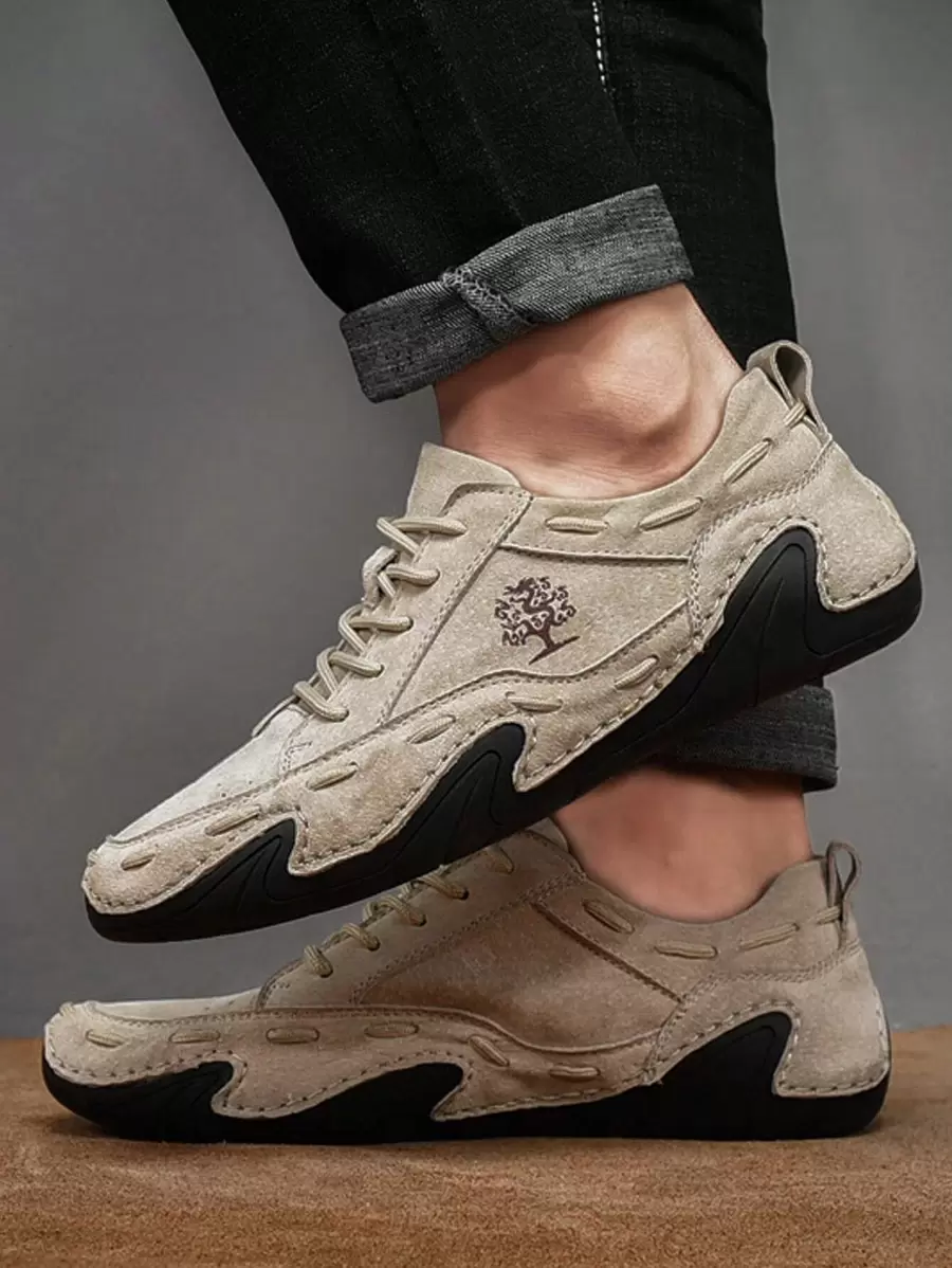 男士樹圖案前綁帶復古手工鞋